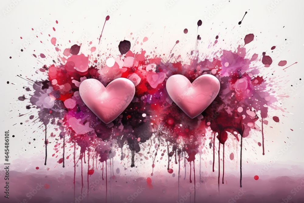 Two pink hearts with lipstick texture on a background of watercolor splashes, stains and drops, card Two pink hearts with lipstick texture on a background of watercolor splashes, stains and drops, card