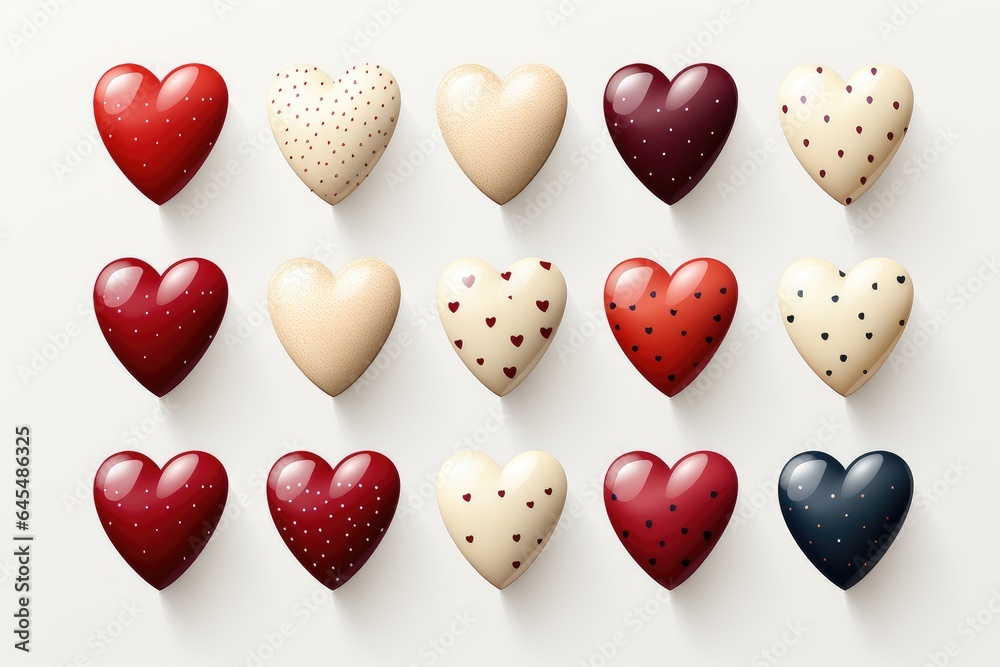 Multi-colored hearts in the shape of glazed candies on a white background, wedding invitation