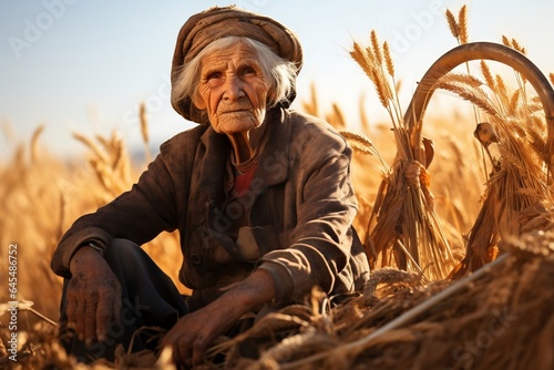 Elderly Woman Farmer Amidst Wheat Fields, Generative Ai.