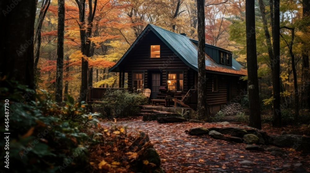 Cozy Autumn Retreats, inviting relaxation and mindfulness. Nature Retreats. Picturesque cabins, cottages in autumn forest, showcasing the beauty of autumn landscapes.