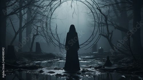 
A beautiful girl in the style of a witch in Gothic clothes with a staff against the background of the moon and candles. Night of the Witch or All Hallows' Eve. Concept: coven, mysticism, game charact photo