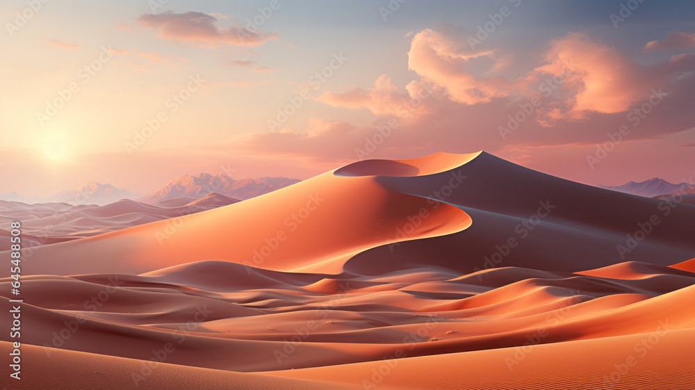 Beautiful desert landscape in cinematic and soft sunlight. Sand dunes in the foreground, mountain range in the background.