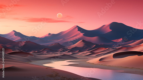 Beautiful desert landscape with lake and sand dunes. Cinematic and soft sunlight in the evening. Red sunset light, Moon in the sky.