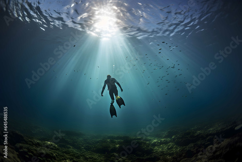 An underwater diver diving towards the surface of the water  bottom view  light