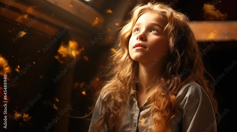 Child prays in the attic of the house. Generative AI Child prays in the attic of the house. Generative AI
