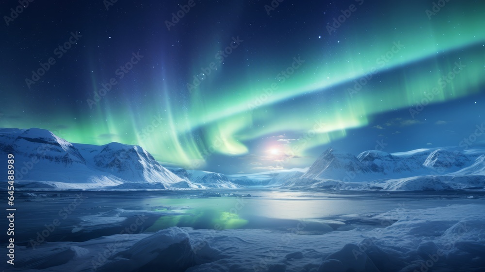 A stunning aurora borealis dancing over a frozen lake in vibrant green and purple hues
