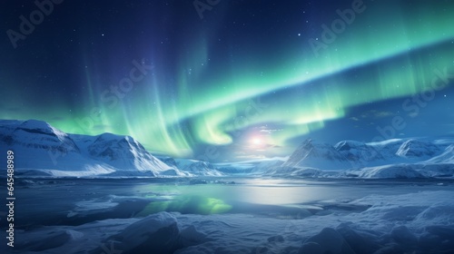 A stunning aurora borealis dancing over a frozen lake in vibrant green and purple hues