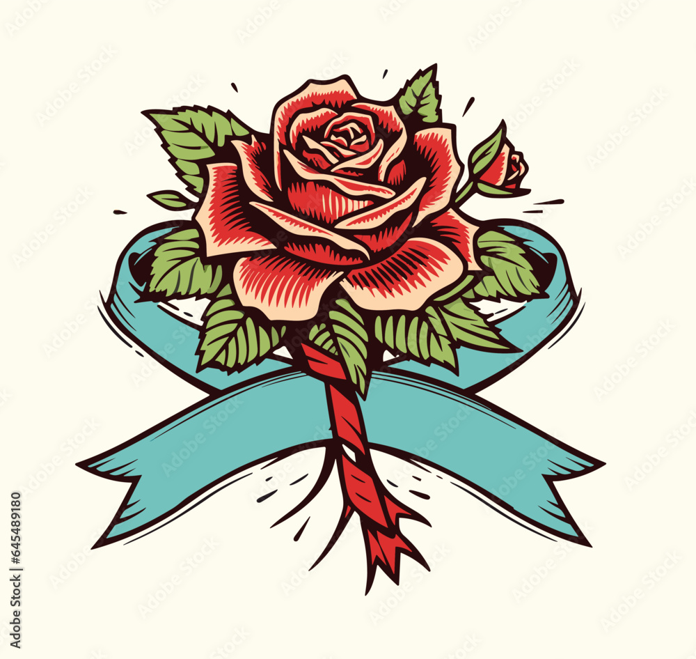 Old tattooing school colored icon with rose with ribbon for text vector illustration