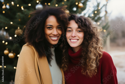 Happy beautiful young multiethnic female friends celebrating Christmas