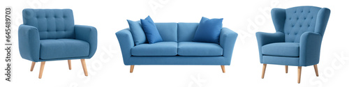 Set of blue cushion sofa, armchair isolated, sofa collection, minimalist interior design concept, generative AI