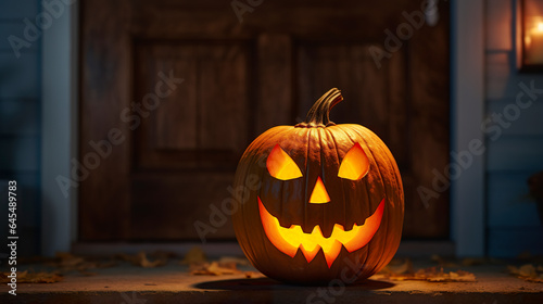 A carved jack-o'-lantern casts its warm, flickering glow in front of a house's entrance. Enchanting Halloween night a jack-o'-lantern with candle inside dances with a mysterious glow.