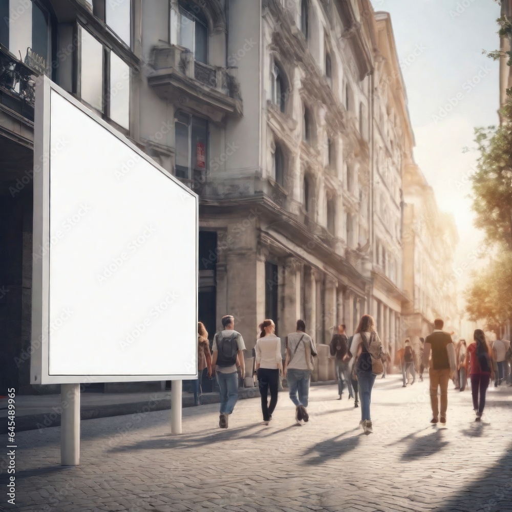 Fototapeta premium Empty white billboard illustration in a public place with people passing by.Generative AI
