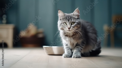 Cat sitting near the food bowl. Generative AI