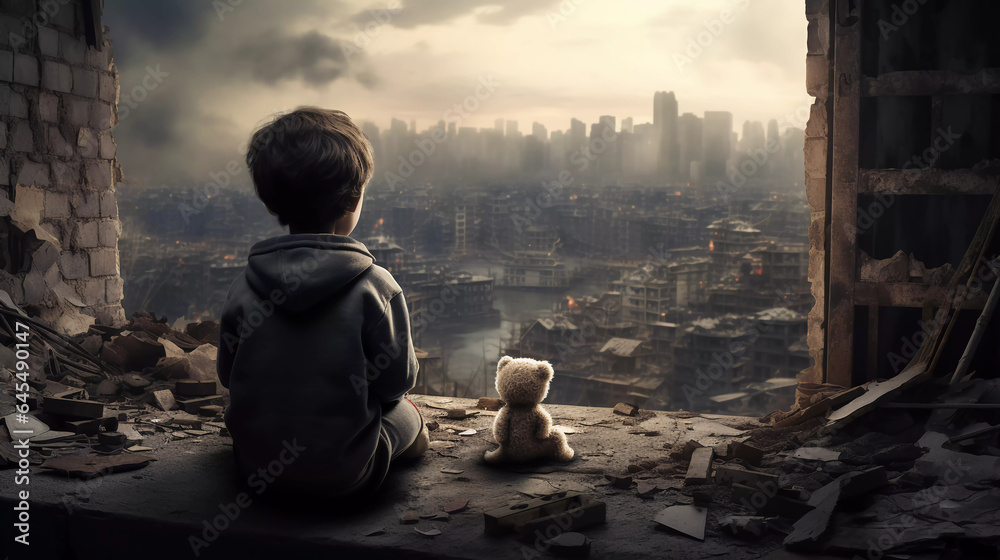 young child is looking at a destroyed city after war Stock Photo ...