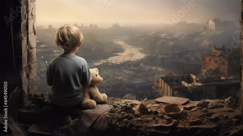 young child is looking at a destroyed city after war