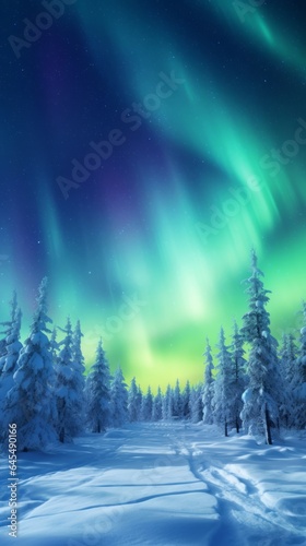 A vibrant green and purple aurora borealis dancing over a serene snowy landscape