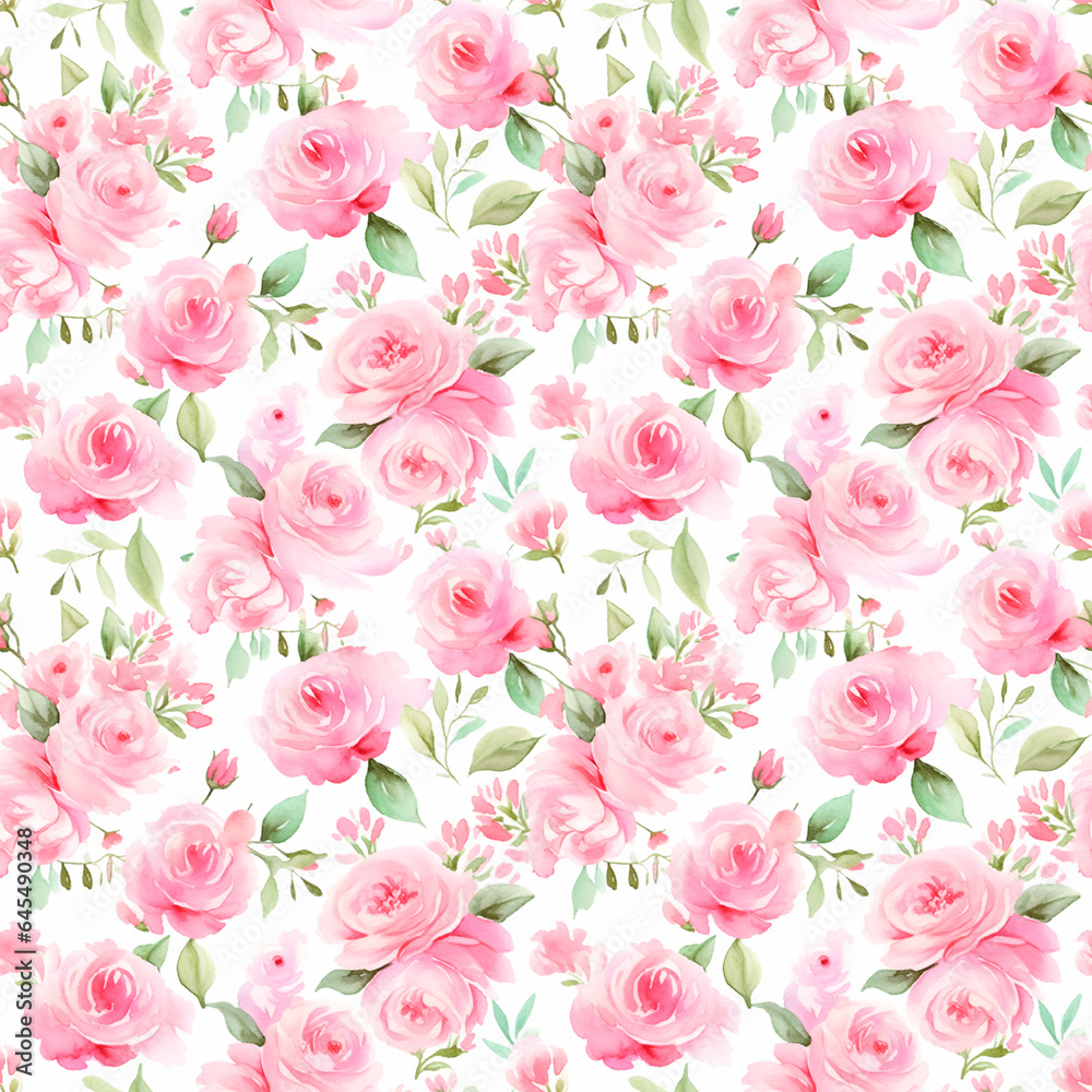 Pink roses, Seamless watercolor floral patterns, with flowers and foliage. Japanese abstract style. Use for wallpapers, backgrounds, packaging design, or web design