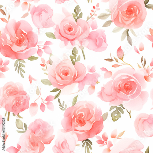 Pink roses, Seamless watercolor floral patterns, with flowers and foliage. Japanese abstract style. Use for wallpapers, backgrounds, packaging design, or web design