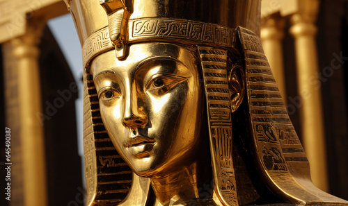 low angle closeup of egyptian pharaoh king as statue made of gold golden decorations looking down with blury pilars in background, generative AI