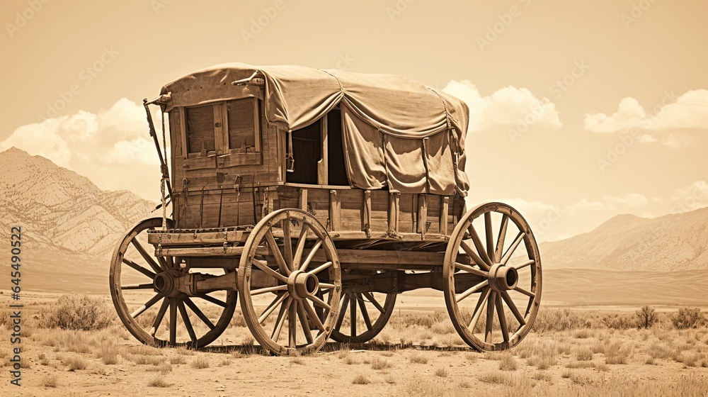 Vintage Western Wagon: A Sepia-Toned Carriage from the Wild West, Ideal for Pioneer and Cowboy Concepts
