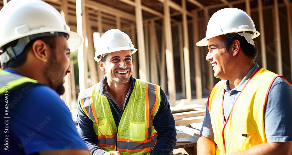 Two construction workers from diverse backgrounds engage in a happy business discussion on-site. Ideal for themes of workplace diversity, collaboration, and industry professionalism. - obrazy, fototapety, plakaty 