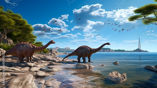 Prehistoric Encounter: Three Parasaurolophus on Beach with Pterasaurs. 3D Rendering of Cretaceous Extinct Creatures on Primeval Coastline