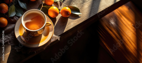Sea buckthorn hot tea. Napkin, oranges and tangerines on the background. Mandarin citrus vitamin tea. A cozy home still life in a rustic style. Vintage cup and saucer, beautiful table setting. Banner.