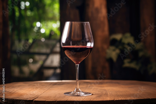 Glass of red wine on wood slab table, winery background. Wine shop, wine tasting or winery banner concept with copy space. Wine festival. Dark luxury wine tasting room.