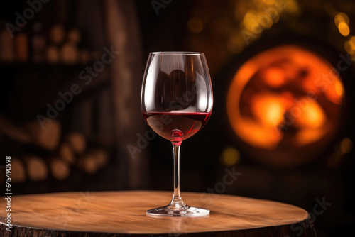 Glass of red wine on wood slab table, fireplace and logs for stoking background. Wine shop, wine tasting or winery banner concept with Copy space. Wine festival. Dark luxury wine tasting room.