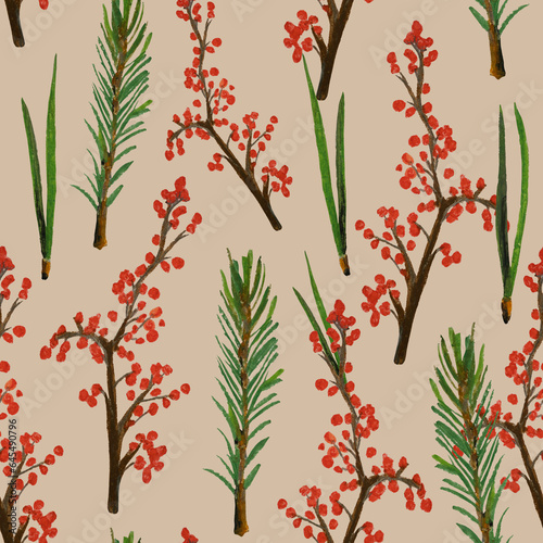 Seamless pattern with coniferous needles, branches of winterberry and Christmas tree. This combination of elements creates a unique composition for Christmas designs, gift packaging, printed products