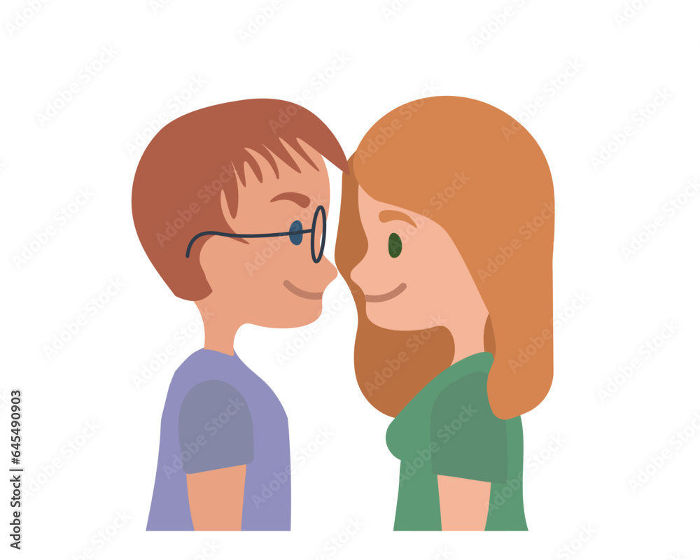 Boy and girl looking at each other romantically. Valentine Day.Blonde couple in love looking at each other affectionately. Flat vector illustration isolated on transparent background. Boy and girl looking at each other romantically. Valentine Day.Blonde couple in love looking at each other affectionately. Flat vector illustration isolated on transparent background.