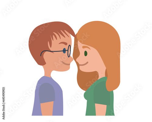 Boy and girl looking at each other romantically. Valentine Day.Blonde couple in love looking at each other affectionately. Flat vector illustration isolated on transparent background.