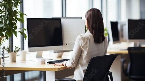 A businesswoman is in front of a computer screen © maretaarining