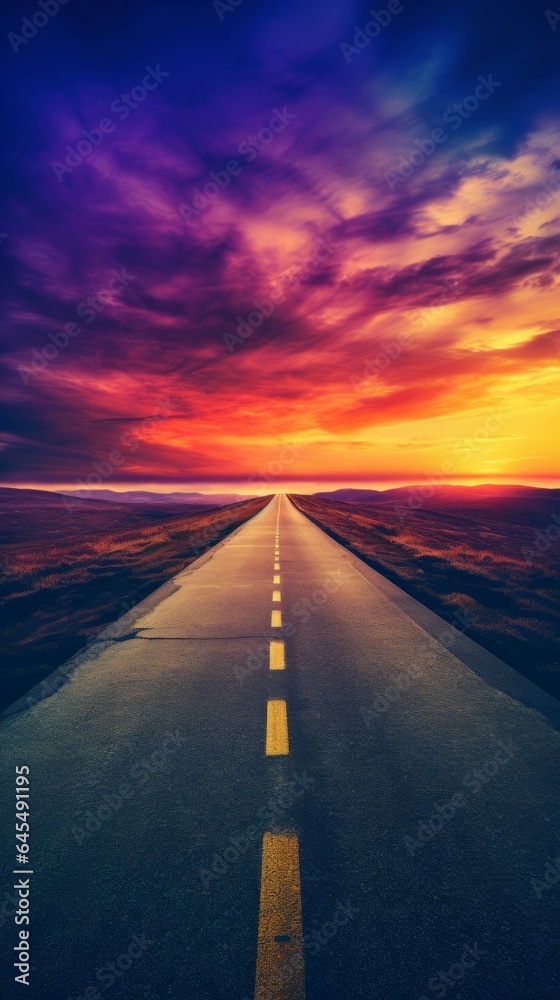 A serene sunset on a long, empty road