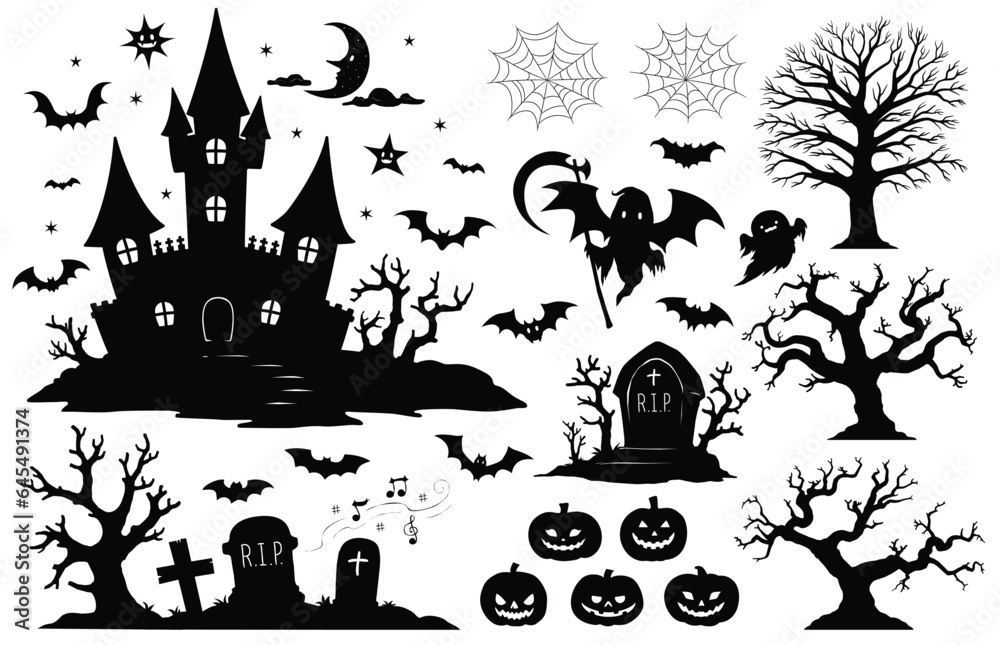 Set of silhouettes in theme of Halloween Day on a white background. Vector illustration