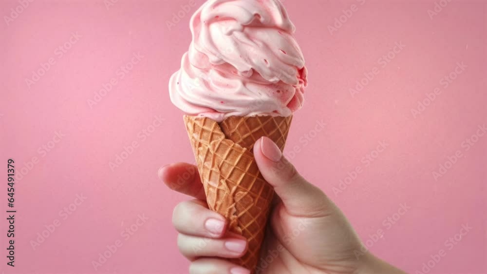 A hand holding an ice cream cone on a pink background. Generative ai A hand holding an ice cream cone on a pink background. Generative ai