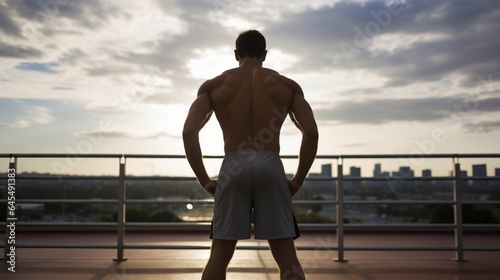 back view of a bodybuilder flexing his muscular body © maretaarining