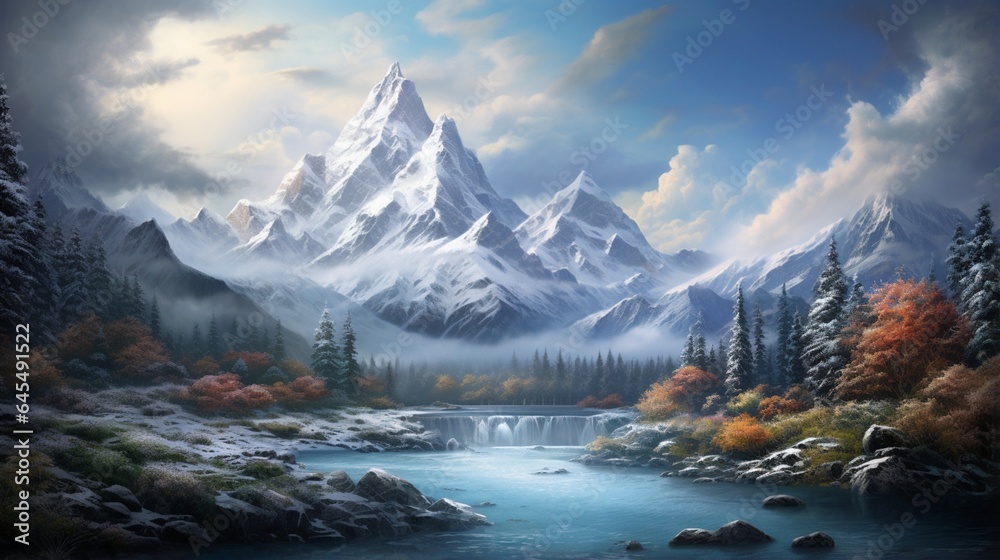 Fototapeta premium an artistic representation of Mount Sneffels during a peaceful snowfall, with the mountain's peak adorned in pristine white snow and a tranquil winter scene