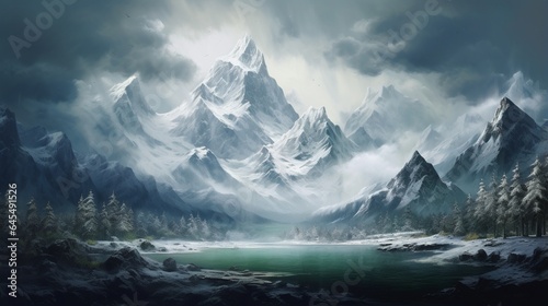 an artistic representation of Mount Sneffels during a peaceful snowfall  with the mountain s peak adorned in pristine white snow and a tranquil winter scene