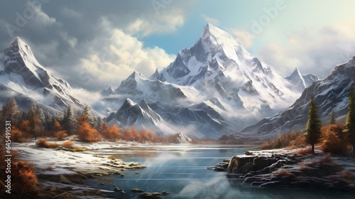 an artistic representation of Mount Sneffels during a peaceful snowfall, with the mountain's peak adorned in pristine white snow and a tranquil winter scene