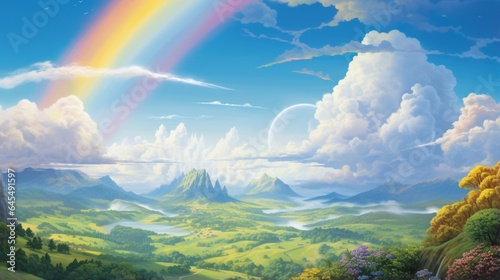 Create a dreamy cloudscape with a rainbow arching gracefully over a rolling countryside © Muslim