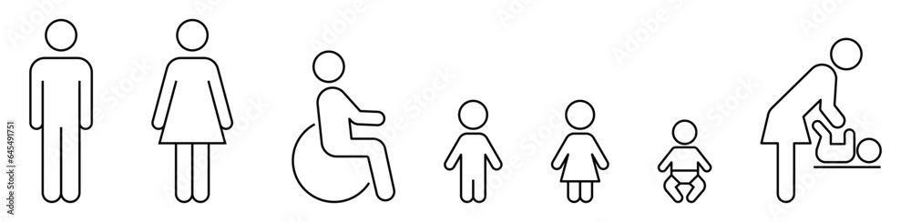 Toilet symbols. Line icon set for WC: man and woman, boys and girls, disabled person, infant, mother and child. Collection of vector icons for public restroom. Toilet symbols. Line icon set for WC: man and woman, boys and girls, disabled person, infant, mother and child. Collection of vector icons for public restroom.