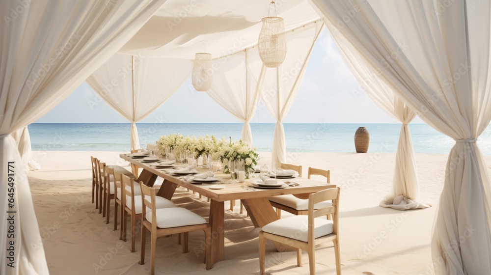 Design a minimalist beach wedding reception with a canopy of sheer fabric, wooden tables, and the gentle sound of waves in the background