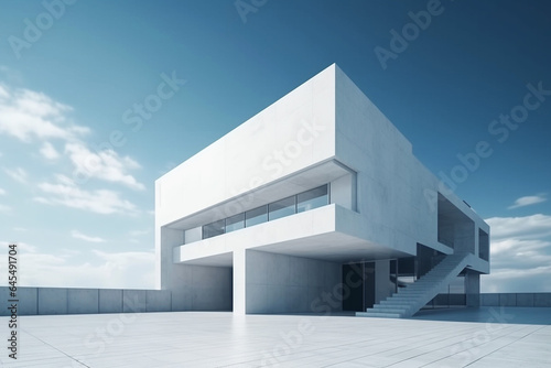 3d render of a modern minimal style white building exterior with blue sky
