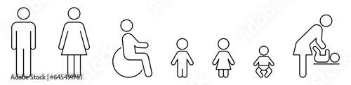 Toilet symbols. Line icon set for WC: man and woman, boys and girls, disabled person, infant, mother and child. Collection of vector icons for public restroom.