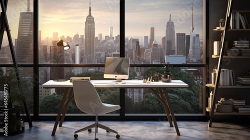 Design a modern office space with a sleek desk, a view of a stylish tripod lamp, and large windows providing natural light