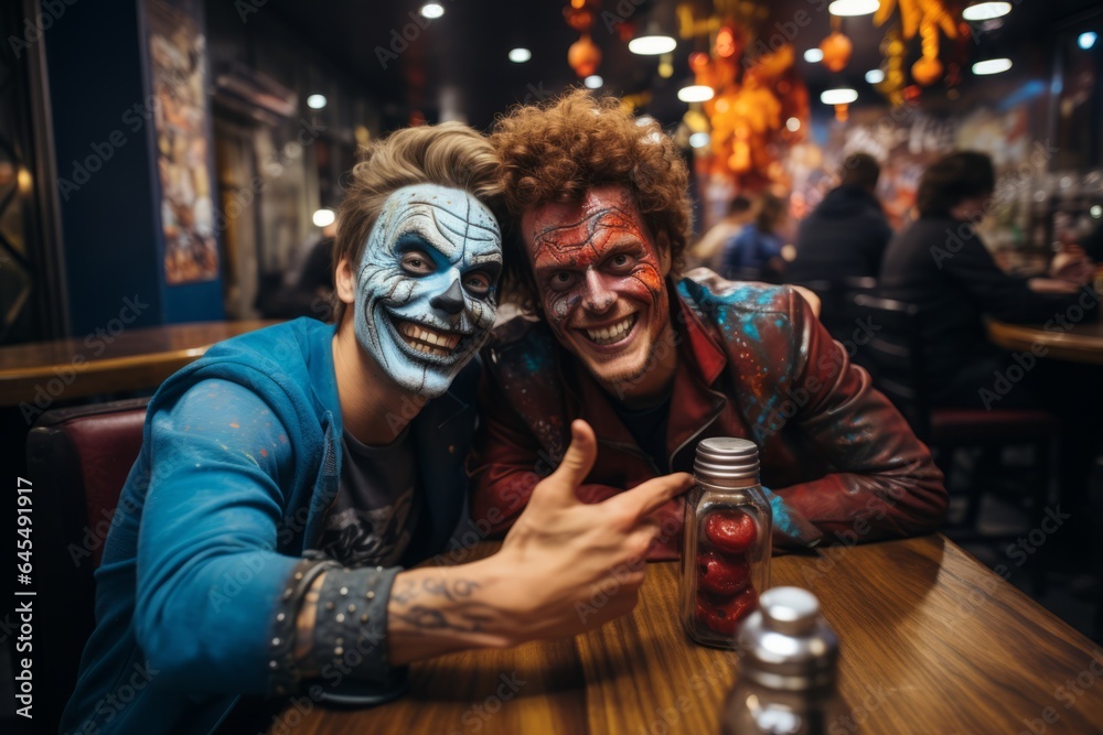Two friends in Halloween costumes and makeup at a bar