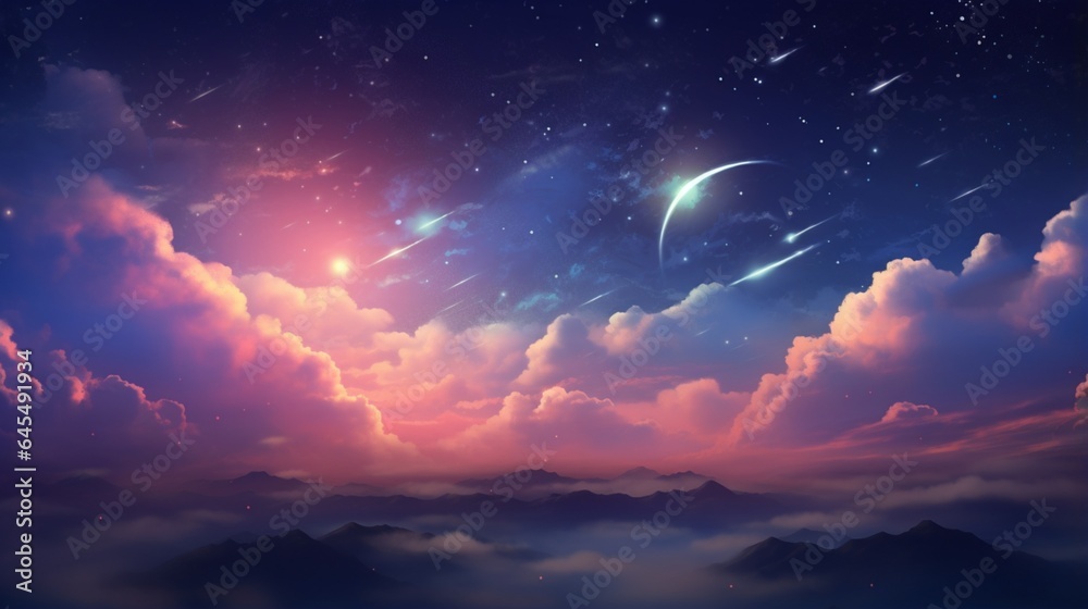 Generate an ethereal cloudscape with a crescent moon and a solitary shooting star streaking across the night sky