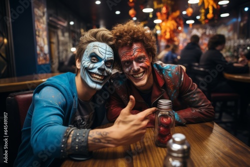 Two friends in Halloween costumes and makeup at a bar