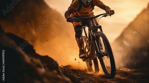 Young man riding bicycle on mountain trail. Generative AI